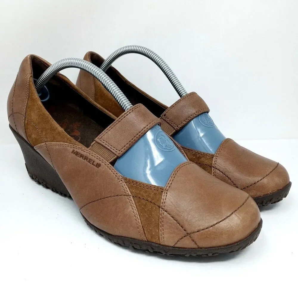 Merrell Mary Jane Wedges Womens Size 9.5 Brown Leather Shoes Vibram Sole